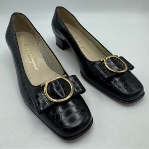 Vintage Salvatore Ferragamo Chunky Bow Heels Shoes